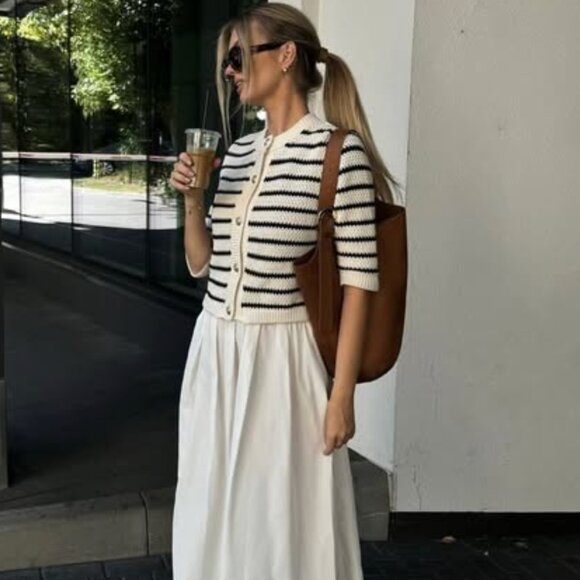 Zara women STRIPED KNIT CARDIGAN Black white stripes Gold button 6771/008 XL NWT - Picture 4 of 13